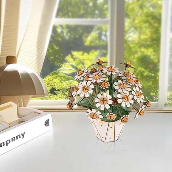 3D PUZZLE, WOODEN FLOWER DIY MODEL KIT FOR ADULTS ARTIFICIAL CRYSTAL DAISY CRAFT CONSTRUCTION KIT HOME DECORATION ROOM OFFICE BIRTHDAY VALENTINE GIFTS FOR WOMEN WHITE - Image 3